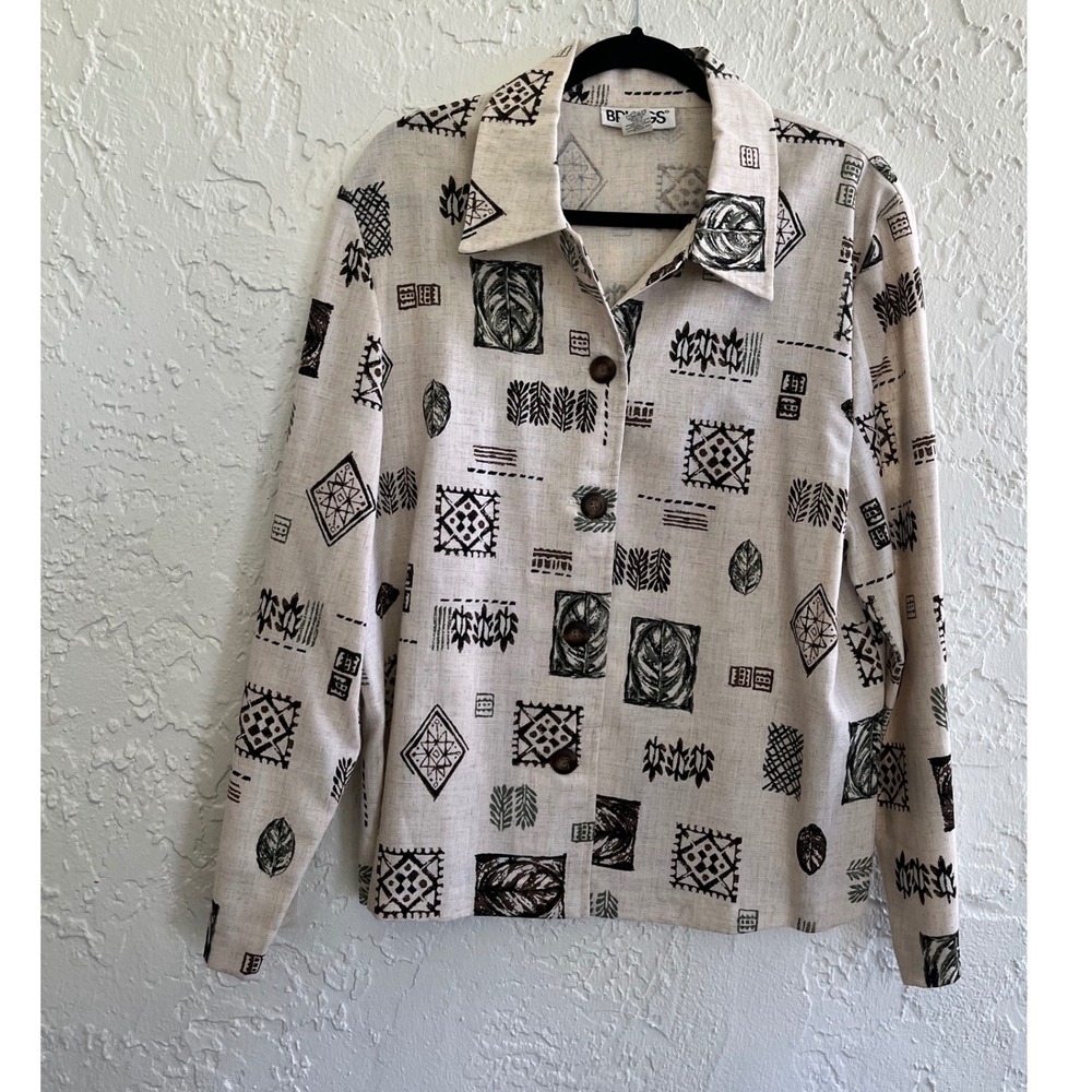 Briggs 1X Button‎ Front Jacket Linen Blend Geometric Print Beige Black